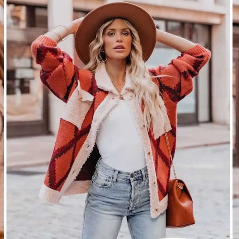 Rust sweater Shacket with Sherpa accents